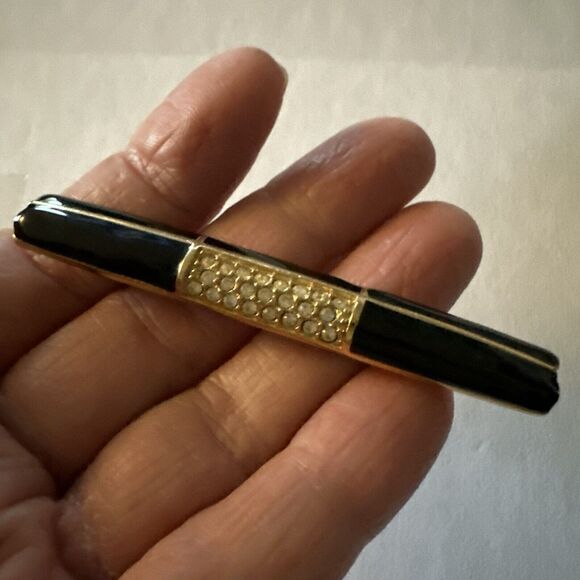 Swarovski Brooch Pin Vintage Black Enamel And Crystal Bar Style Swan Signed - Picture 9 of 13